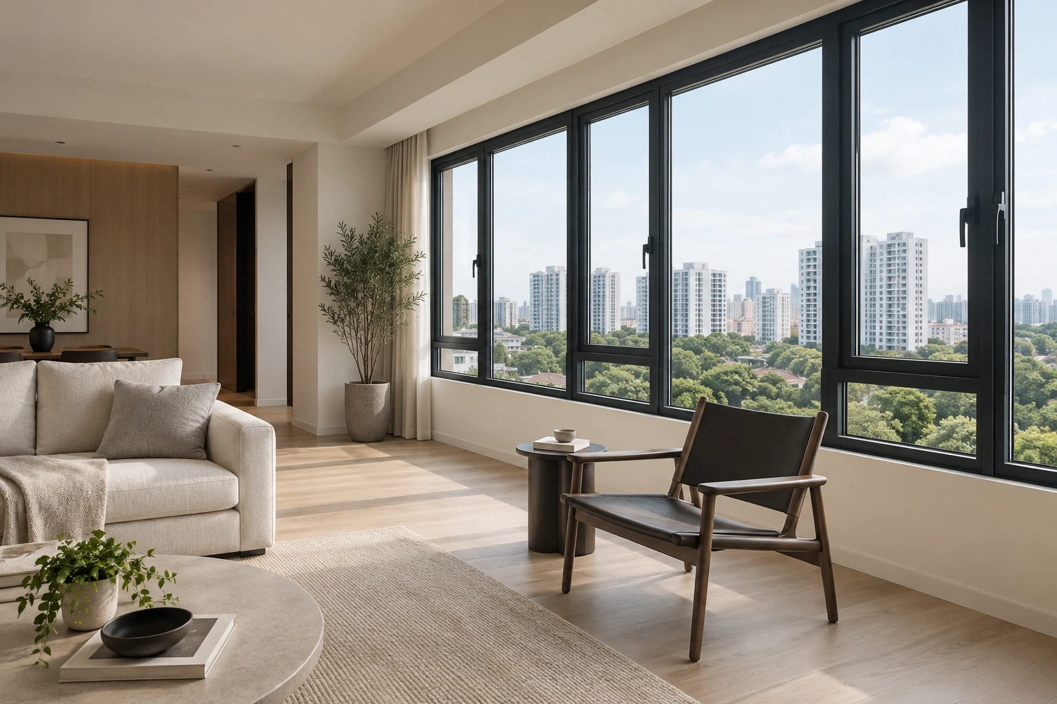 Interior concept of a calm apartment with aluminium windows